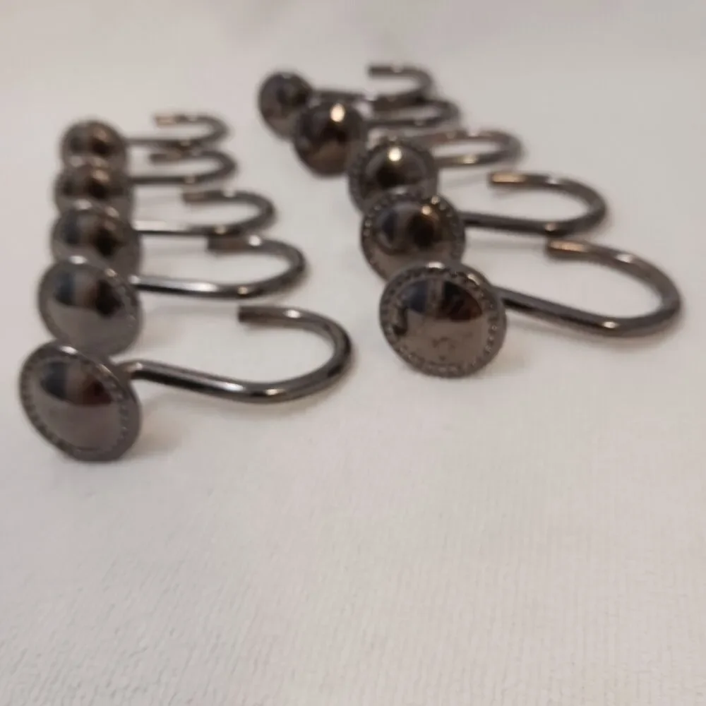 10 Shower‎ Curtain Hooks LUXE Decor Button Style Polished Gunmetal Dark PRETTY!
